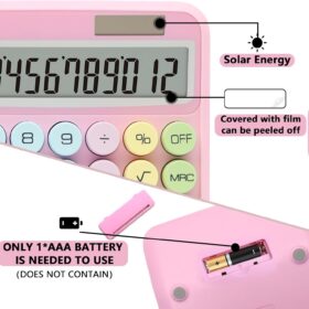 Pink Retro Calculator – 12-Digit Large Display with Mechanical Feel Keys, Solar & Battery Powered Desktop Calculator for Office, School & Home