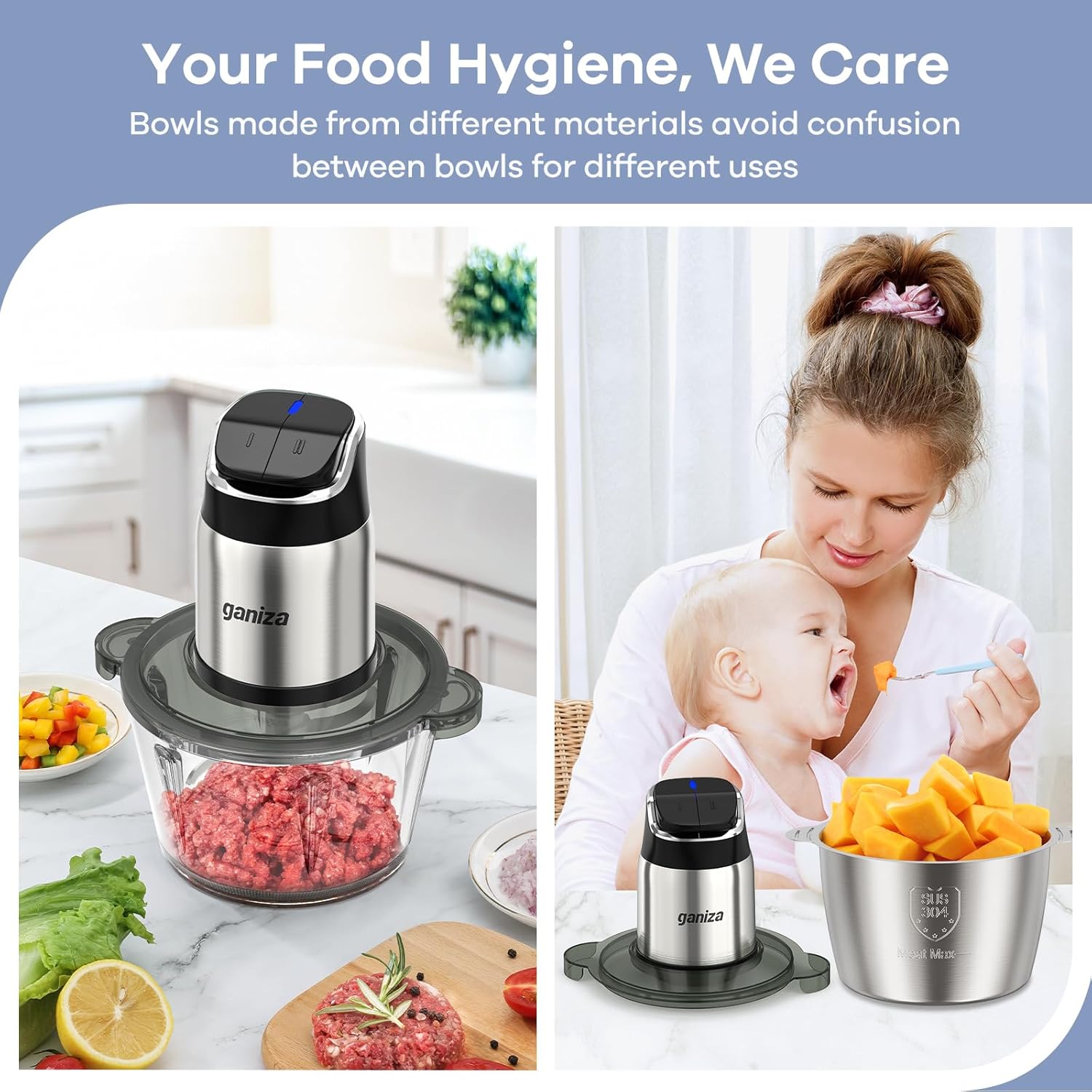 Ganiza 450W 2-Speed Food Processor with 8-Cup Glass & Stainless Steel Bowls | Smart Overheat Protection & Dual Blades for Meat Chopping & Veggie Dicing