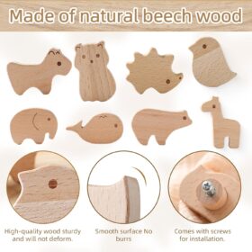 Youuys Wooden Animal Cabinet Pulls – 12-Piece Hand-Carved Wildlife Knob Set for Dressers, Drawers, & Kids' Room Furniture