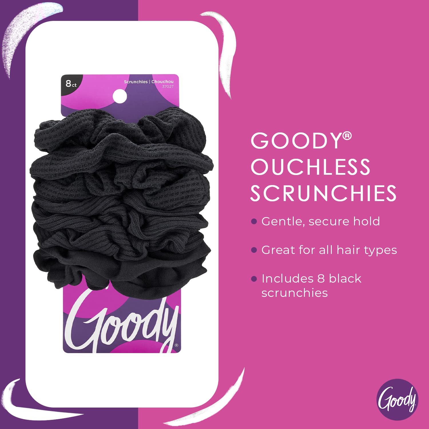 Goody Ouchless Hair Scrunchies for Women - 8 Pack No-Damage Fabric Ponytail Holders - Black