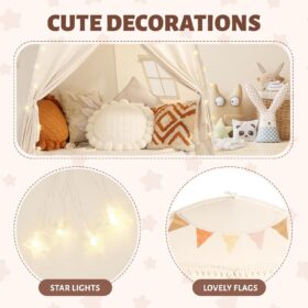Sumbababy Large Teepee Tent for Kids with Star Lights - Indoor/Outdoor Playhouse, Cotton Canvas Play Tent with Flags & Poles - Cream Playroom Canopy for Boys & Girls, Easy Assembly