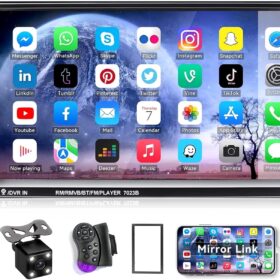 CAMECHO 7 Inch Double Din Car Stereo - Bluetooth MP5 Player with 4-LED Backup Camera, Mirror Link for iOS/Android, Steering Wheel Control & FM Radio Multimedia Receiver