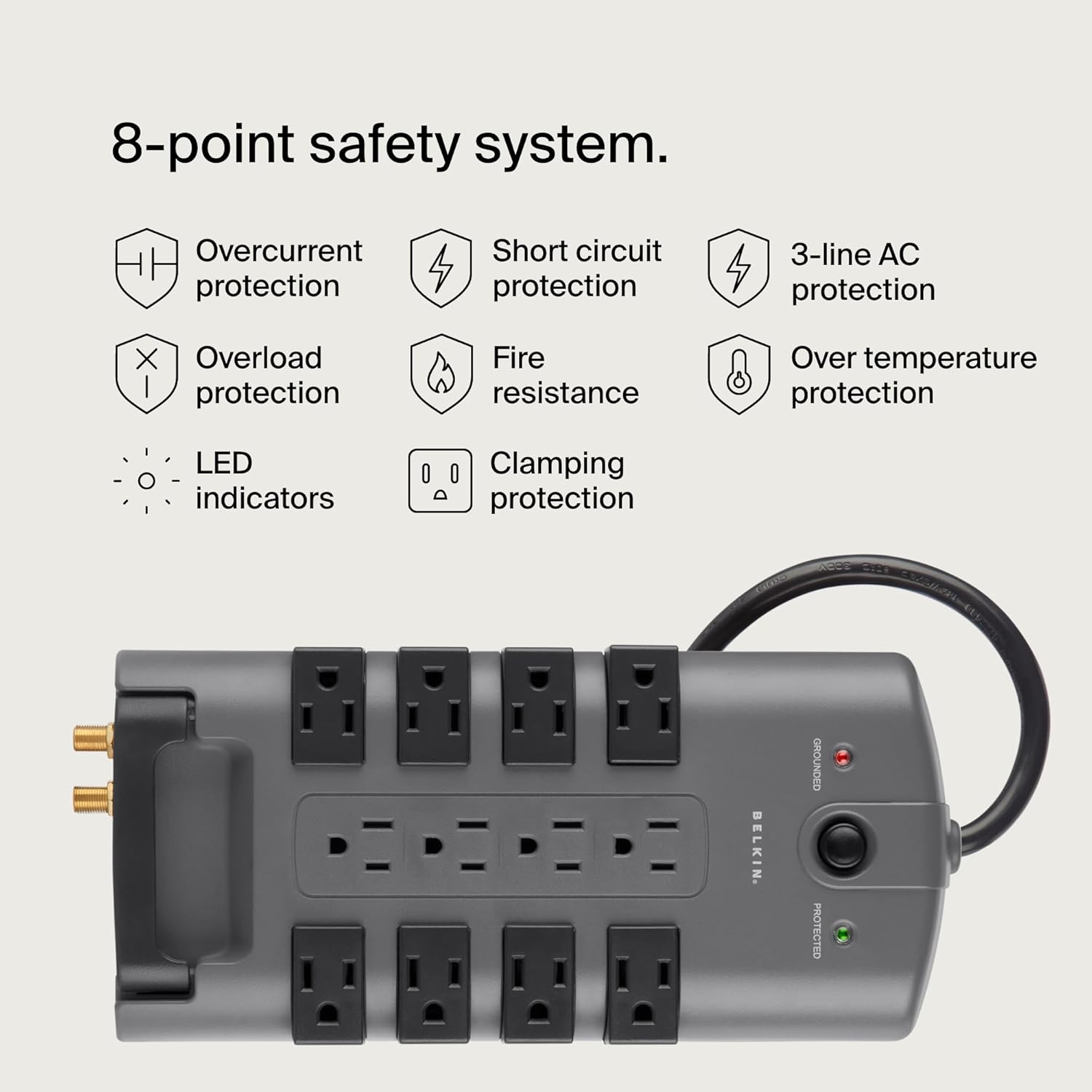 Belkin 12-Outlet Pivot Surge Protector Power Strip – 4320 Joule, 8ft Flat Plug & Rotating Sockets for Home & Office