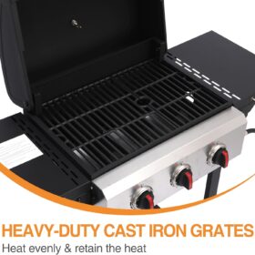 3-Burner 30,000 BTU Propane Gas Grill with Cast Iron Grates & Stainless Steel Griddle – Portable Outdoor BBQ with Folding Side Shelves
