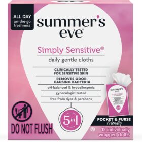 Summer's Eve Simply Sensitive Feminine Wipes – Gentle, pH-Balanced Micellar Cleansing Cloths for Intimate Odor Control, 12 Count (Individually Wrapped)