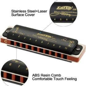 East top Professional Harmonica in C - 10 Hole Diatonic Blues Harmonica with Phosphor Bronze Reeds & Black Cover - Premium Mouth Organ for Beginners, Adults & Musicians