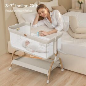 3-in-1 Baby Bassinet Bedside Sleeper – Adjustable Height Newborn Bedside Crib with Breathable Mesh, Anti-Reclinet Design & Travel Cover