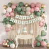 Pink and Sage Green Birthday Decorations Kit - 70Pcs Elegant Balloons, Gold Fringe Curtain & Banner for Women's Baby Shower or Bridal Party