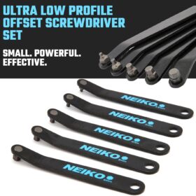 NEIKO 01321A Ultra Low Profile Offset Hex Key Set – 5-Piece Heavy Duty S2 Steel Angled Allen Wrench Set for Tight Spaces with Keychain Clip (2.5mm-6mm)