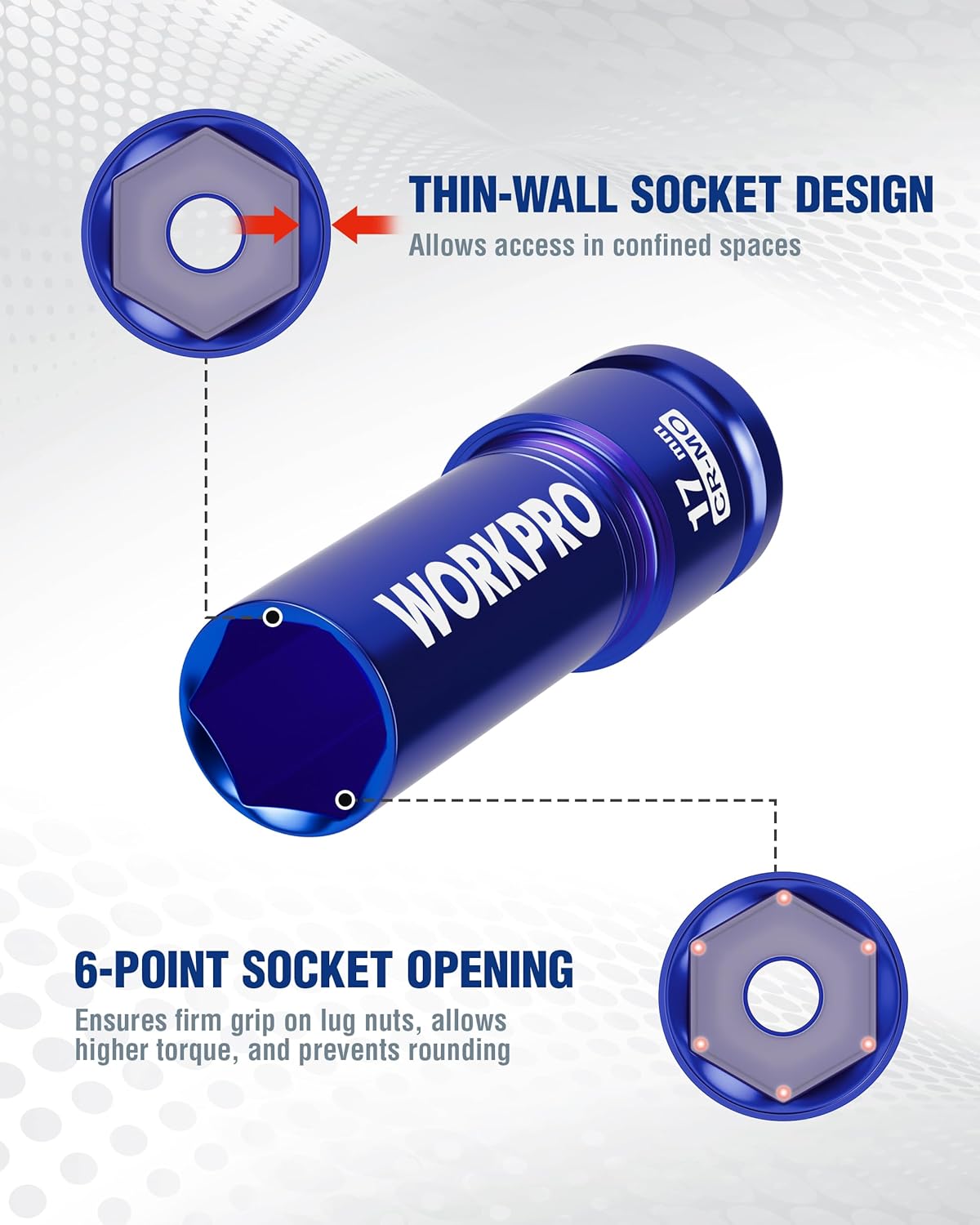 WORKPRO 3-Piece 1/2" Drive Impact Lug Nut Socket Set – 17mm, 19mm, 21mm Deep Thin Wall with Protective Sleeves – Cr-Mo Steel