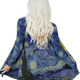 Van Gogh Starry Night Cardigan for Women - Lightweight Open Front Oil Painting Sweater