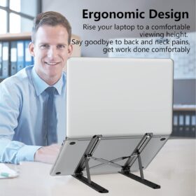 Portable Adjustable Laptop Stand - Ergonomic Aluminum & Silicone Riser for 10-15.6 Inch Notebooks | Foldable, Ventilated & Anti-Slip Computer Desk Mount (Black)