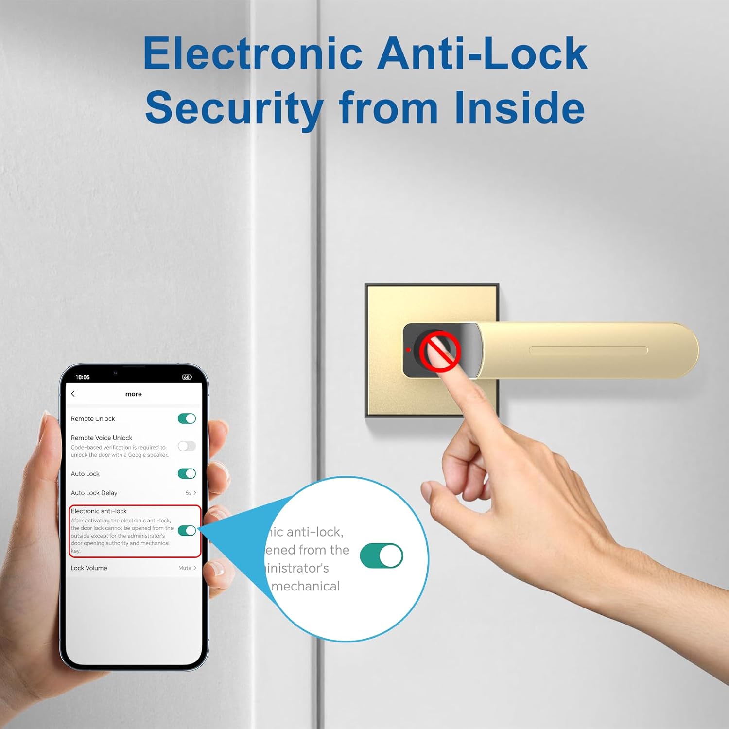 Gavdhe Smart Biometric Door Lock with App Control – Keyless Entry Fingerprint Deadbolt, Auto-Lock & Anti-Peephole, Battery Powered for Home, Office & Apartment (Gold)