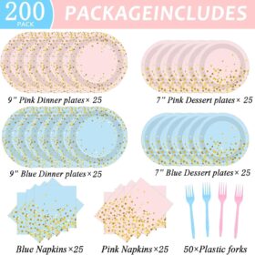 Gender Reveal Party Supplies for 50 Guests – 200-Piece Blue & Pink Disposable Tableware Set with Gold Dots – Includes Dinner Plates, Dessert Plates, Napkins & Forks