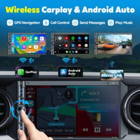 7 Inch Double Din Car Stereo with Wireless Apple CarPlay & Android Auto - 1080P HD Touchscreen, Bluetooth, Backup Camera, Subwoofer Support, & Mirror Link - Universal In-Dash Car Radio Receiver