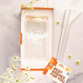 NewEleven 16oz Vintage 1986 Glass Coffee Cup with Bamboo Lid & Straw - Unique 40th Birthday Gifts for Women, Mom, Wife, Sister - Funny 1986 Novelty Drinkware Tumbler