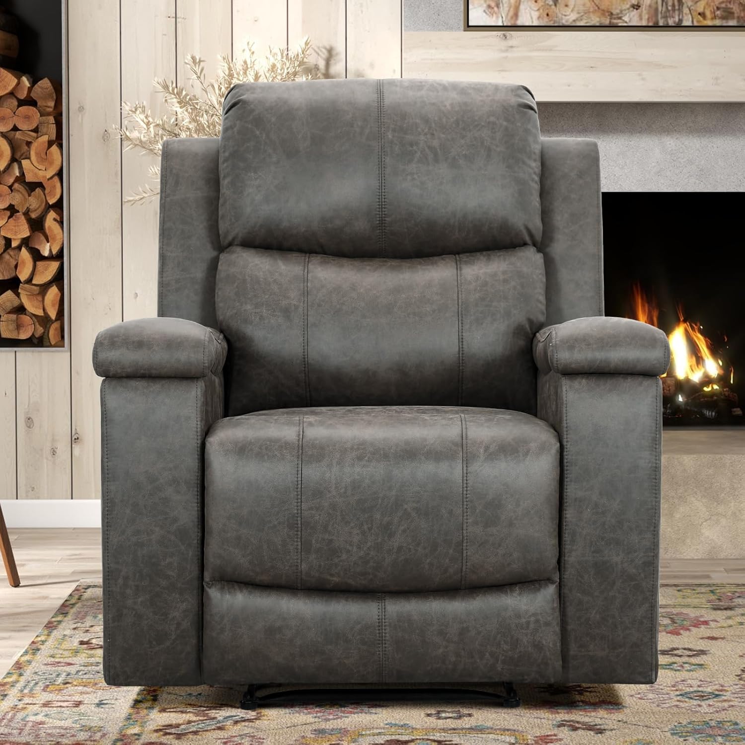 CANMOV Grey Leather Recliner Chair – Overstuffed Manual Reclining Sofa with Hidden Cup Holders and Lumbar Support