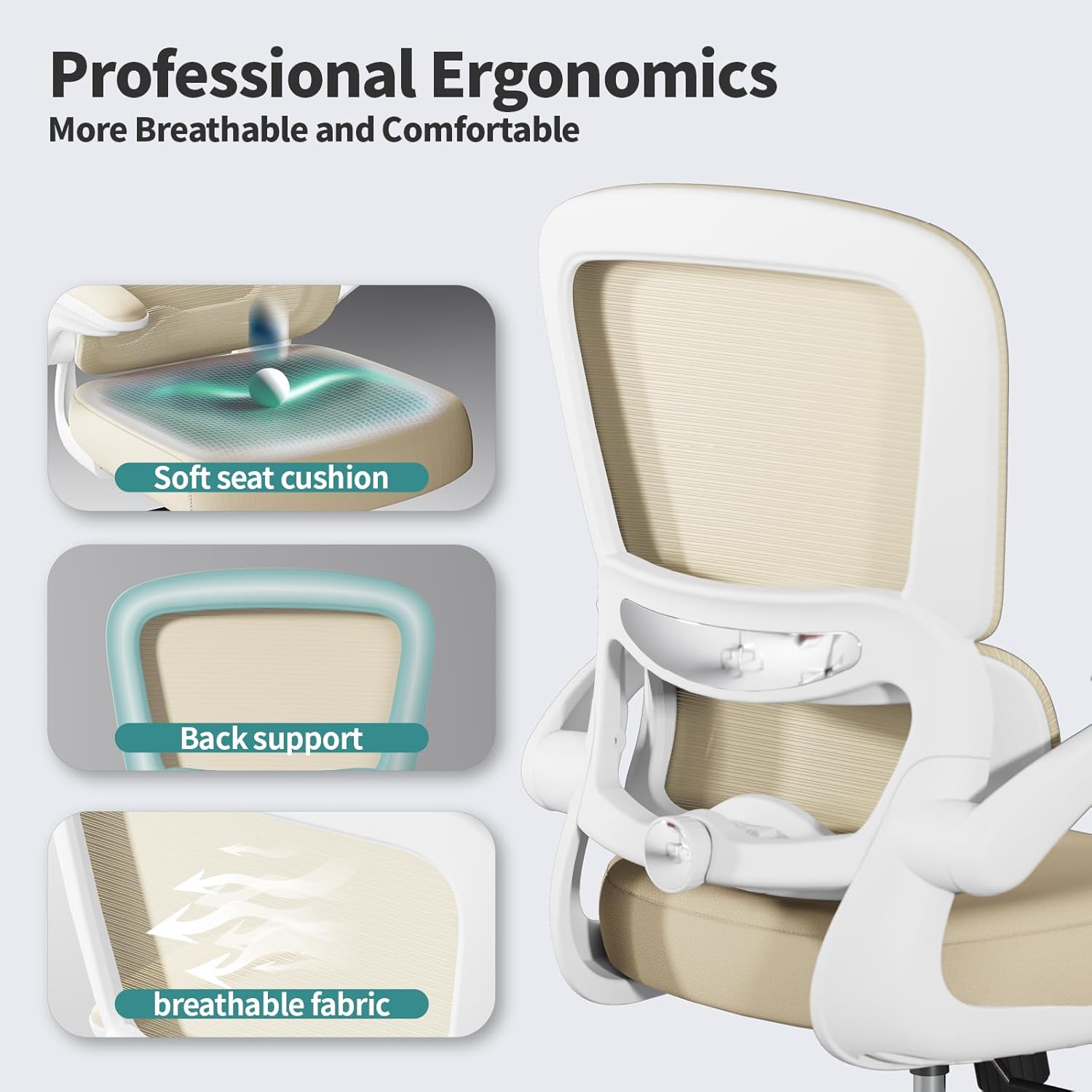 TRALT Ergonomic Mesh Office Chair – High Back Desk Chair with 330lb Capacity, 90°-120° Recline, and 360° Swivel Wheels (Beige)