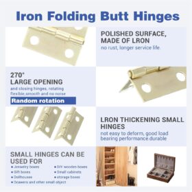 60 Sets Small Mini Hinges with Screws – 270° Folding Iron Butt Hinges for Wood Jewelry Boxes, DIY Crafts, Cabinets & Drawers (Gold & Bronze)