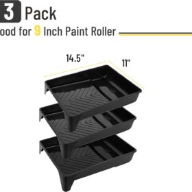 Bates 3-Pack 9-Inch Black Plastic Paint Trays - Heavy Duty, Deep Capacity with Textured Ridges for Smooth Roller Application
