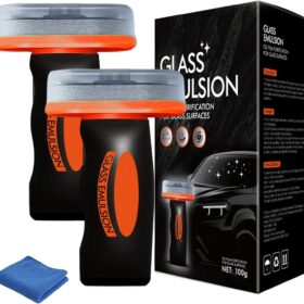 Q4 Handheld Glass Oil-Film Remover Kit – Windshield Oil Film Cleaner & Scrub Brush for Auto Mirrors, Shower Doors, and Household Windows (3.5 Fl Oz)