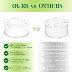 Hewory Acrylic Flower Vases – 6 Pack Round Centerpiece Boxes with 13-Hole Lids, 2.56”H Clear Floral Arrangers for Weddings & Home Décor