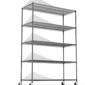 NSF Certified 5-Tier Commercial Wire Shelving Unit – 6000 lb Heavy Duty Adjustable Storage Rack with Wheels, Shelf Liners, and Leveling Feet (48” L x 24” D x 82” H)