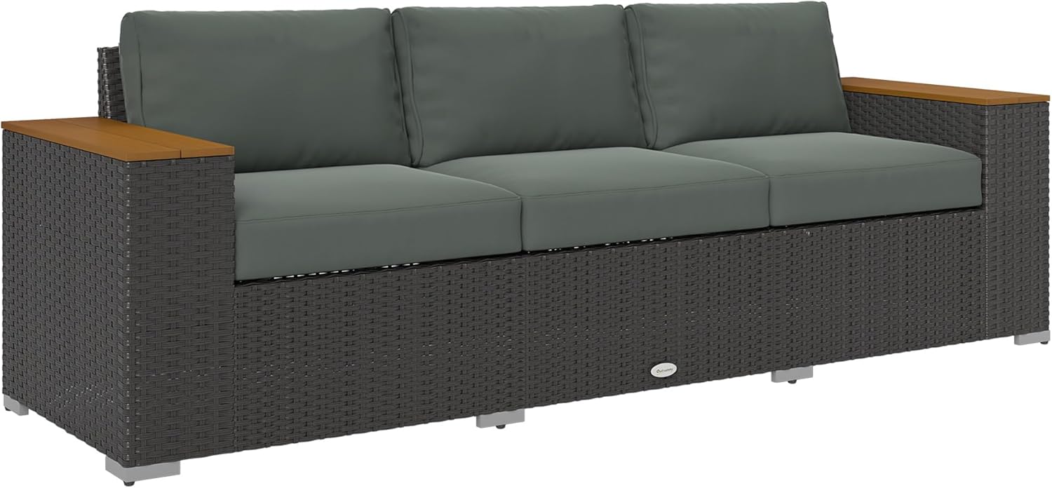 Outsunny 3-Person Outdoor Patio Sofa – Dark Gray PE Wicker Couch with 24.5" Deep Seats, Wide Armrests, and 4" Cushions