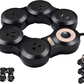 CORATED 9Ft Flexible Surge Protector Power Strip – 4 AC Outlets & 2 USB Ports, 120° Rotatable Extension Cord for Home, Office, & Travel (Black)