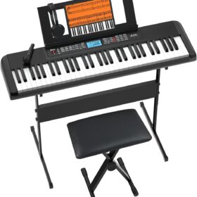 JIKADA 61-Key Electronic Keyboard Piano Set with LCD Screen, Stand, Stool, Headphones & Microphone - Complete Portable Music Kit