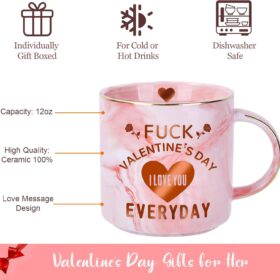 COVLUUTO Valentines Day Gifts for Her - 12oz Pink Marble Coffee Mug with Gold Heart - Romantic Wife, Girlfriend & Women's Birthday Novelty Giftable Cup