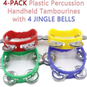 4-Pack Plastic Handheld Tambourines – Colorful Mini Rhythm Instruments with Jingle Bells for Music Education, Kadosh, Church, and Classroom Band Activities