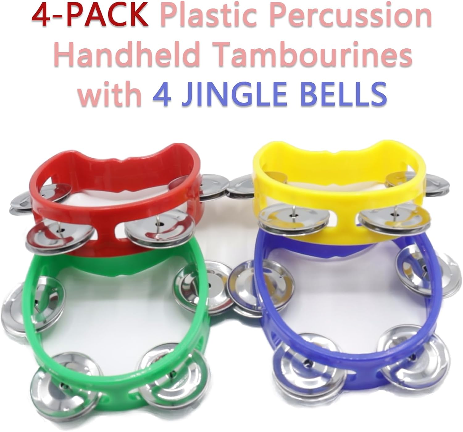 4-Pack Plastic Handheld Tambourines – Colorful Mini Rhythm Instruments with Jingle Bells for Music Education, Kadosh, Church, and Classroom Band Activities