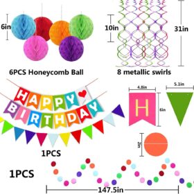 FECEDY Complete Happy Birthday Decoration Kit: Includes Honeycomb Balls, Confetti Garland, Triangle Bunting & Swirl Streamers for Kids & Adults Party Supplies