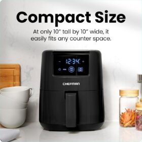 CHEFMAN 2 Quart Digital Air Fryer – Compact, Small-Space Air Fryer with Shake Reminder, Nonstick Dishwasher Safe Basket, 400°F Touch Screen for Healthy Meals & Snacks – Black
