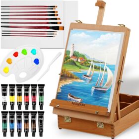 Falling in Art Beechwood Desktop Easel Set – 27-Piece All-in-One Acrylic Painting Kit with Portable Box Easel, Canvas Panels, Brushes & Pigments – Complete Art Supply Set for Adults, Beginners & Professionals