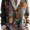 Women's 2025 Boho Oversized Cardigan – Cozy Knit Patchwork Fall Sweater with Floral & Geometric Patterns