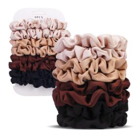 8PCS Ultra-Petite Satin Scrunchies for Women – Creaseless Hair Accessories for Fine Hair (Blonde, Brown, Black)