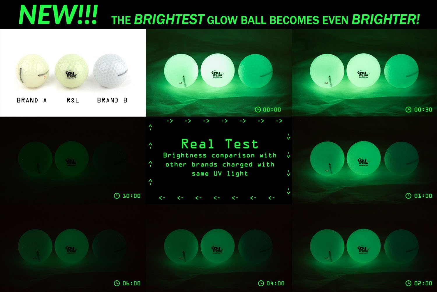R&L Glow in The Dark Golf Balls – Premium UV-Rechargeable Night Golf Balls for Low Light Play – Includes 21 LED Flashlight