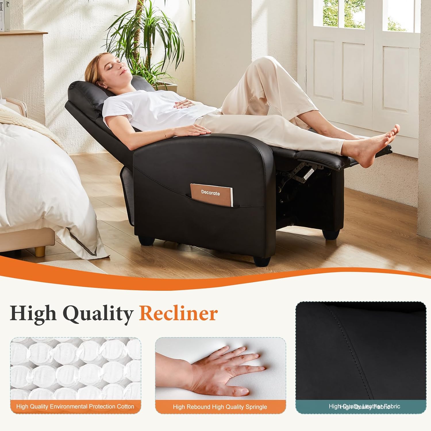 Sweetcrispy PU Leather Recliner Chair – Overstuffed Push-Back Living Room Sofa with Adjustable Footrest and Lumbar Support, 300 lb Capacity (Black)