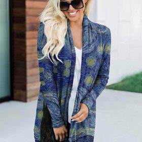 Van Gogh Starry Night Cardigan for Women - Lightweight Open Front Oil Painting Sweater
