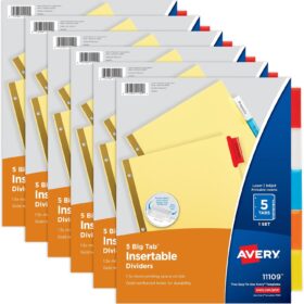 Avery 5-Tab Big Tab Binder Dividers – 6 Sets of Multicolor, Insertable Index Tab Dividers with Reinforced Holes (11109)