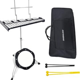 Professional 32-Note Glockenspiel Bell Kit with Adjustable Stand, 8-Inch Drum Practice Pad, and Carry Bag – All-in-One Percussion Set for Students and Band Practice