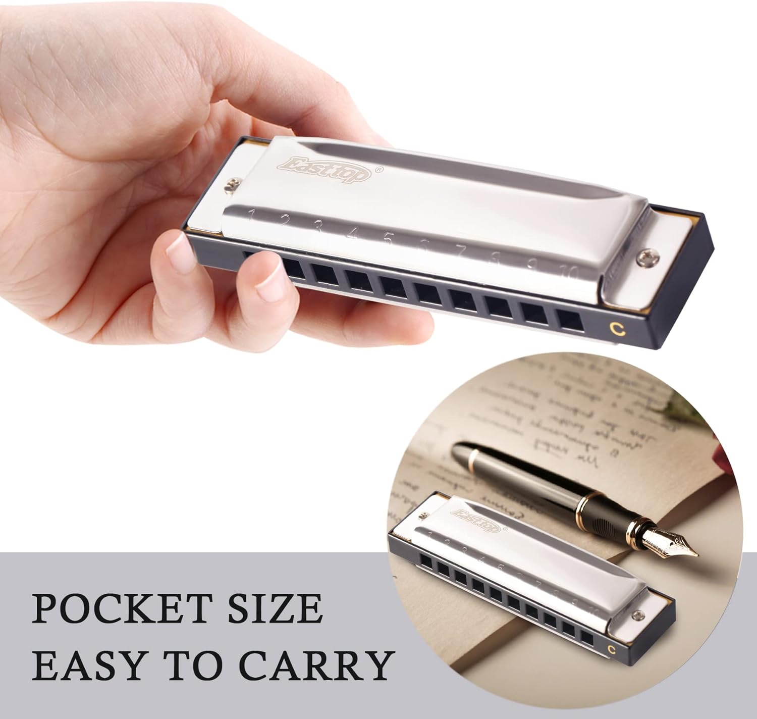 East top Diatonic Harmonica in C – Professional 10 Hole Blues Harp with Stainless Steel Cover & ABS Comb – Includes Zipper Case and Cleaning Cloth for All Skill Levels