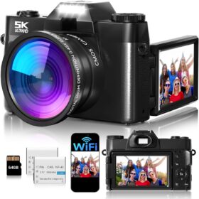 SMARTKLIK 5K Ultra HD Digital Camera with 75MP Resolution, 180° Flip Screen & WiFi - Compact Vlogging Camera with 64GB SD Card, 2 Batteries & Webcam Function for Photography & YouTube