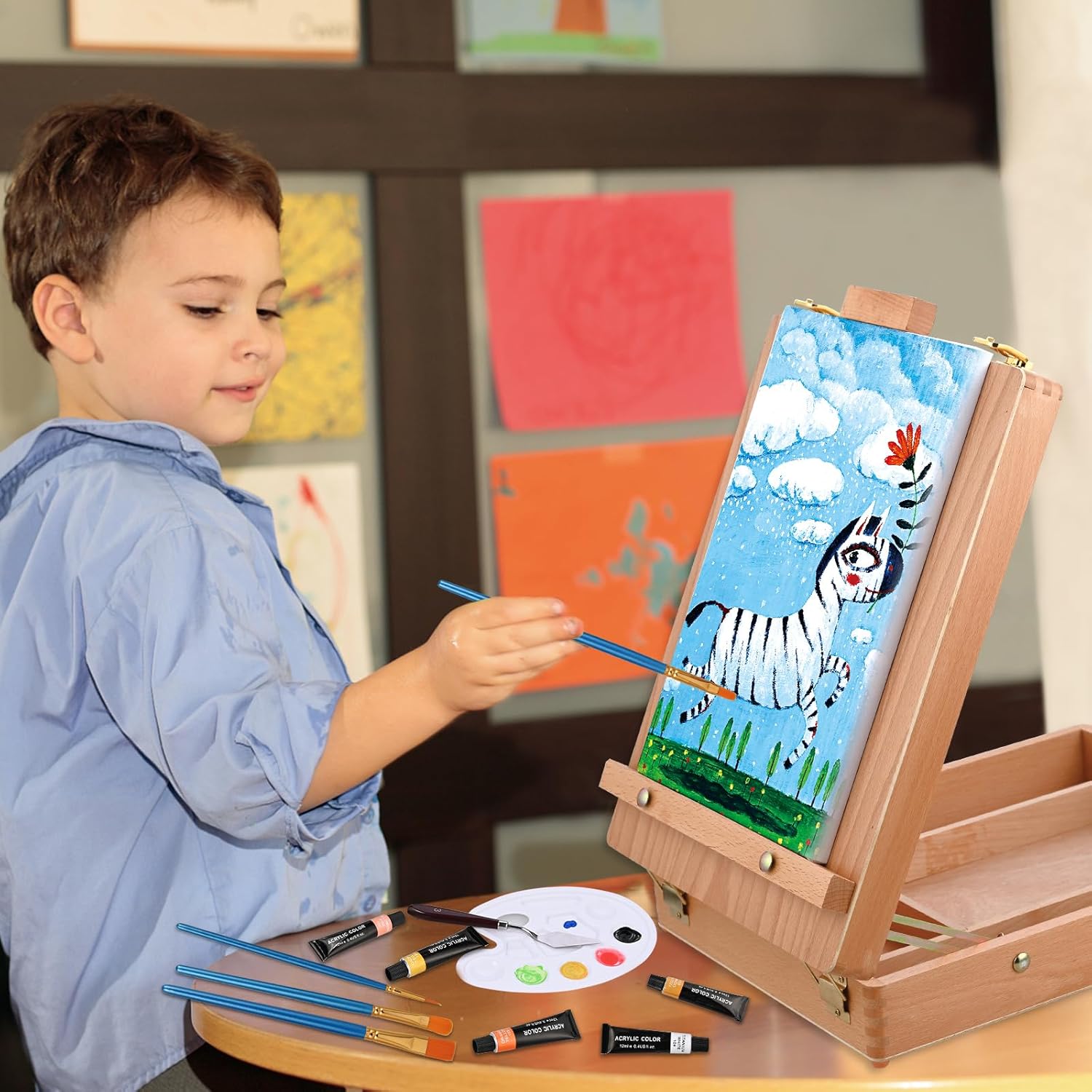 All-in-One Tabletop Easel Acrylic Paint Set – 40-Piece Portable Art Kit with Wooden Easel Box, 24 Colors, Brushes, Canvases & Accessories – Ultimate Beginner & Artist Gift