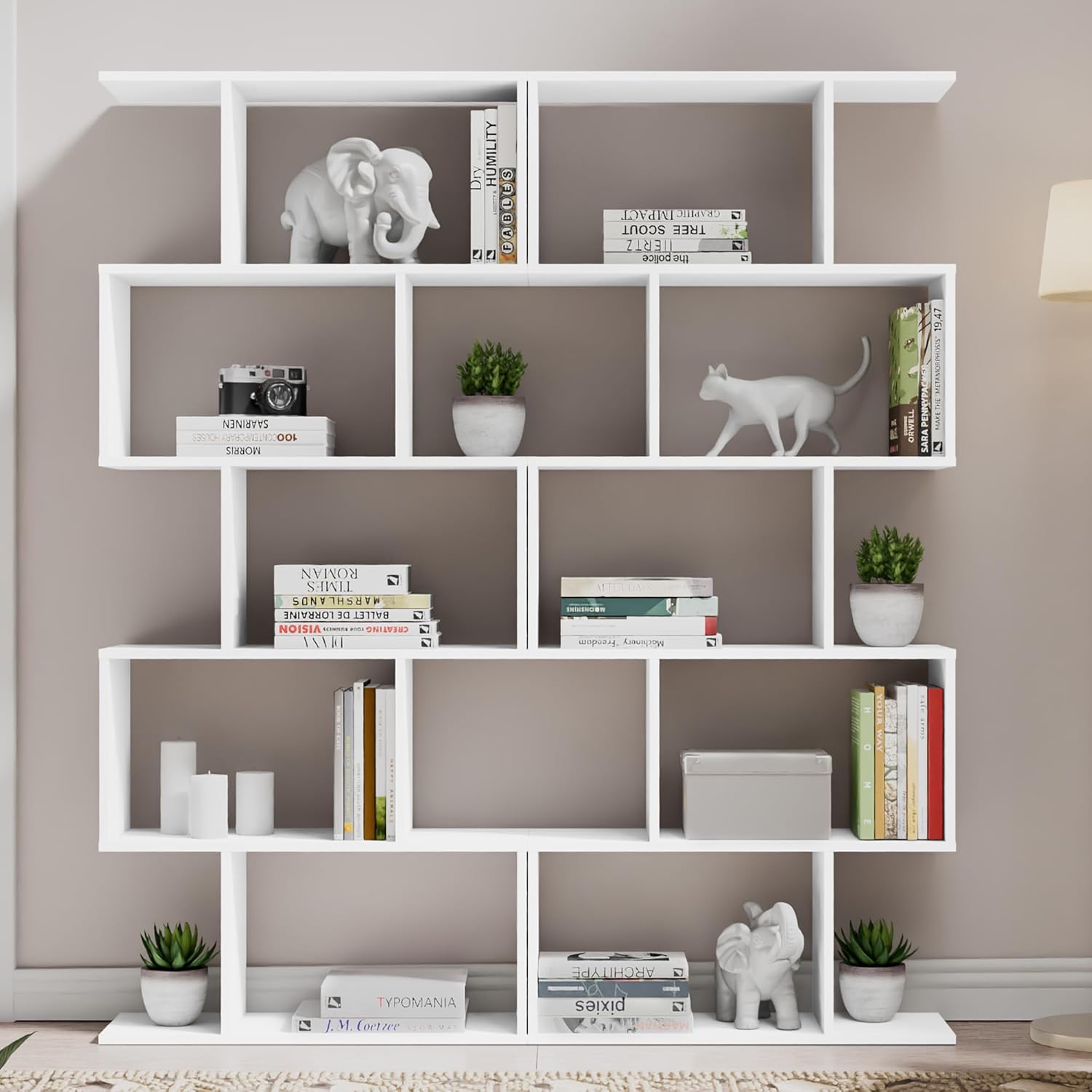Cozy Castle Set of 2 S-Shaped Geometric Bookcases – 62 inch Tall Modern Bookshelf, 5-Tier Open Display Rack and Room Divider for Home Office, White