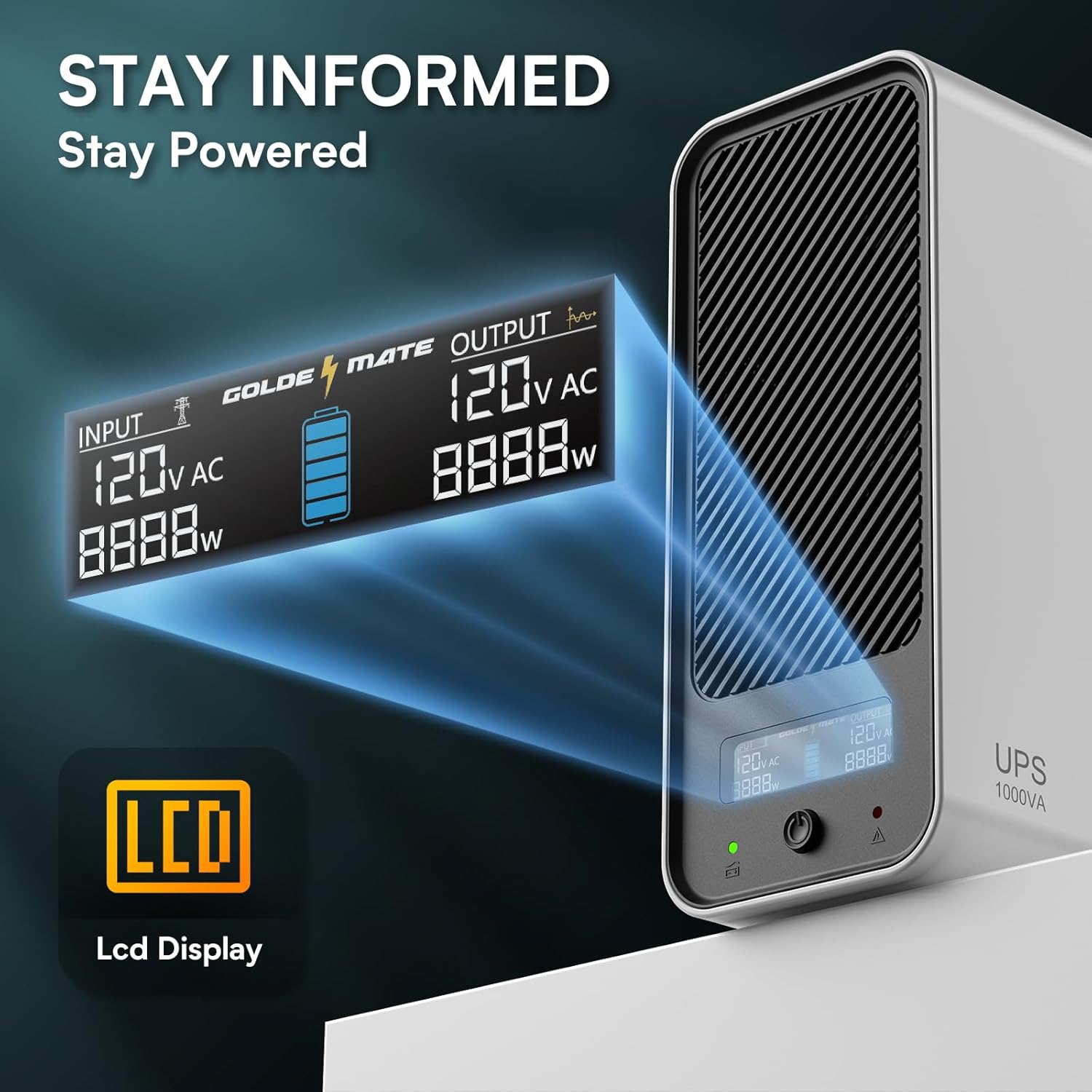 GOLDENMATE 1000VA/800W LiFePO4 UPS Battery Backup & Surge Protector – Pure Sine Wave, 10-Year Lifespan, 8 Outlets, LCD Display