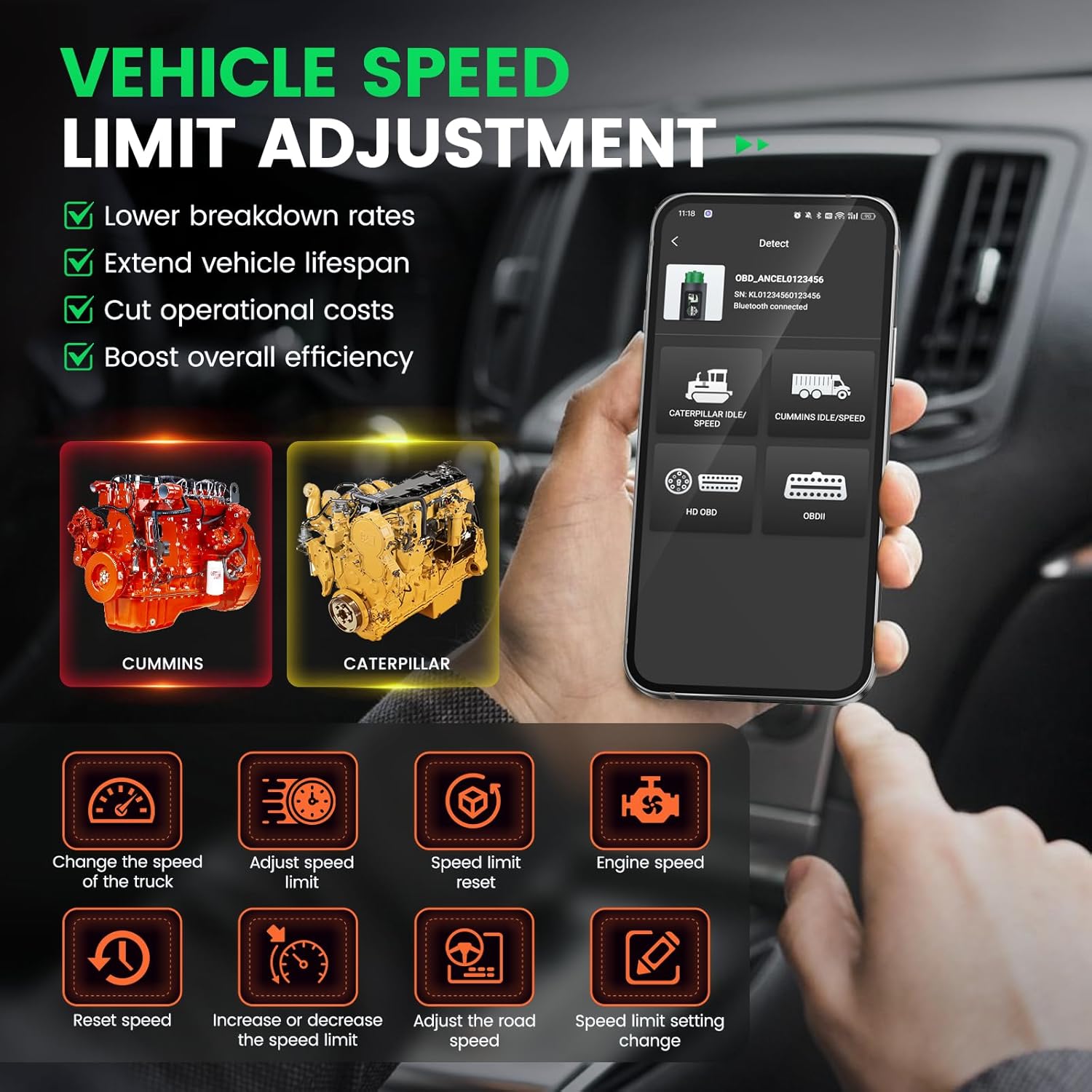 ANCEL HD200 Bluetooth Heavy Duty Truck Scanner | J1939/J1708 Diesel Code Reader & Speed Limiter Reset Tool for Cummins & Caterpillar | Lifetime Free Updates