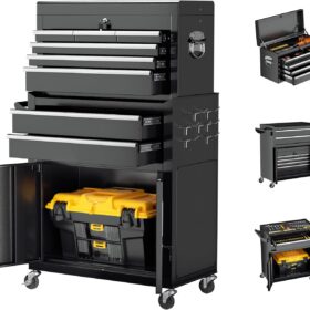 Crownland 8-Drawer Rolling Tool Chest with Wheels – Lockable 2-in-1 Detachable Steel Storage Cabinet with Drawer Liners & Side Hooks, Black